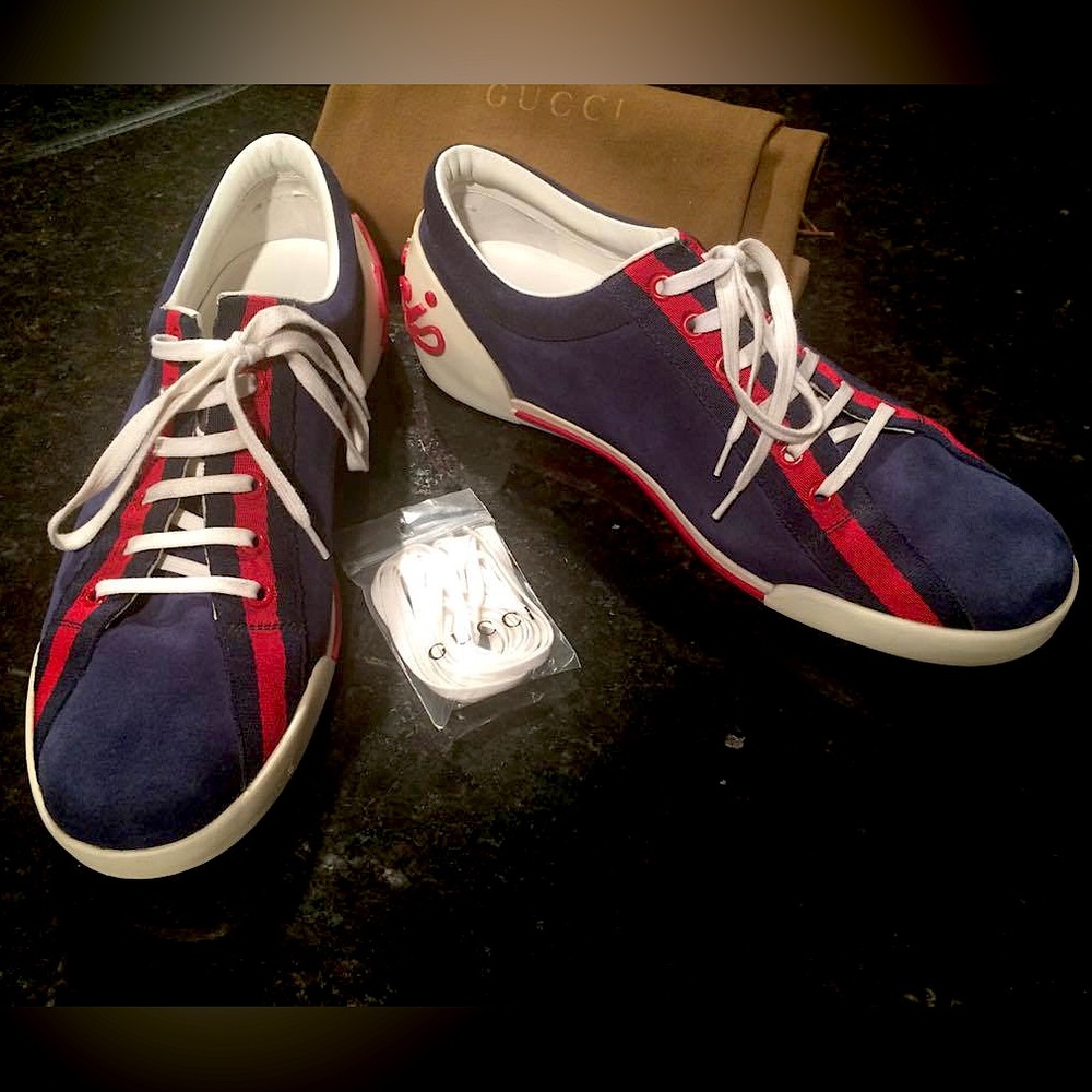 Gucci Blue Suede Script Logo Lace Up Low Sneakers Shoes size 8.5